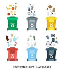 Vector illustration, set of flat logo symbols. Recycling garbage elements. Sorting and processing of garbage. Utilize waste. Trash bags bins cans