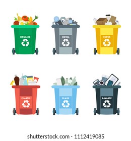 Vector illustration, set of flat logo symbols. Recycling garbage elements. Sorting and processing of garbage. Utilize waste. Trash bags bins cans