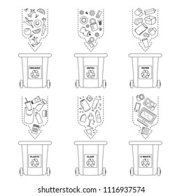 Vector illustration, set of flat logo symbols. Recycling garbage elements. Sorting and processing of garbage. Utilize waste. Trash bags bins cans