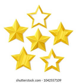 Vector illustration, set of flat metallic golden stars isolated on white background. 