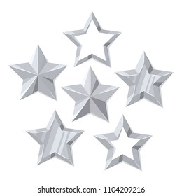 Vector illustration, set of flat metallic silver stars isolated on white background. 