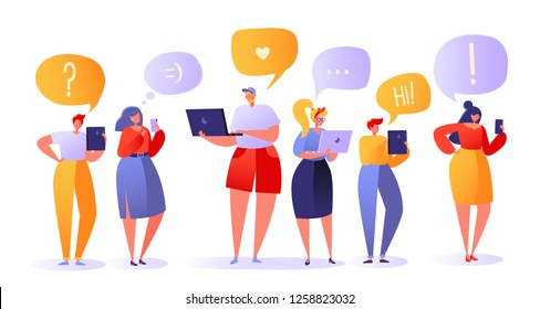 Vector illustration with set of flat people characters chatting in social networks. Man and woman communicating online with mobile devices; tablet, laptop, smartphone. Chatting with speech bubbles.