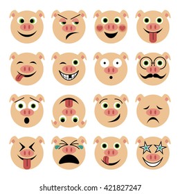 vector illustration set of flat pig emoticons 