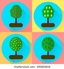 vector illustration. set flat round icon fruit trees. appple, orange, pear, cherry.