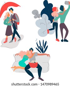 vector illustration. set in flat style. happy young couple.Happy romantic couples walking together or pairs of men and women on date. Flat cartoon characters isolated on white background. Vector