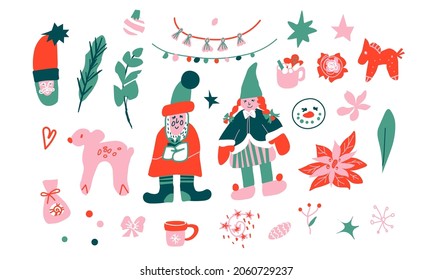 Vector Illustration set with flat style Christmas in bright color transparent background. Cute,New Year clip art hand drawn.Design for stickers,social media,packaging,web,postcards,posters.
