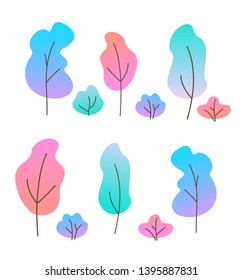 Vector illustration set of flat trees and bushes. Various trees with color gradient. Simple cartoon trees on white background.