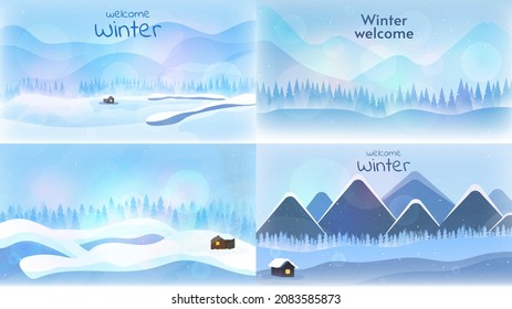 Vector illustration. Set of flat winter landscape. Snowy backgrounds. Winter landscape wallpapers. 