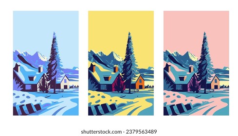 Vector illustration. Set of Flat winter landscapes. Drawings for poster, background or card.