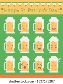 Vector illustration: set of flat12 funny beer mug emoticons with different emotions in flat style for st. Patric's Day celebration decor isolated on green background.