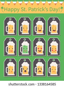 Vector illustration: set of flat12 funny beer mug emoticons for st. Patric's Day celebration decor isolated on lablels and green background.