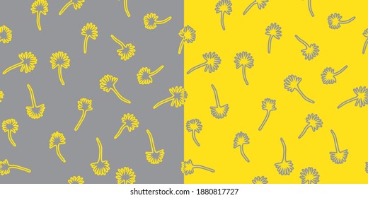 Vektorgrafik. Set von floralen abstrakten nahtlosen Mustern mit Fuzzern in trendigen Farben des Jahres 2021. Einfache, handgezeichnete Doodle-Clipart-Kunst. Für Gewebe, Textilien, Karten, Banner, Geschenkverpackung.