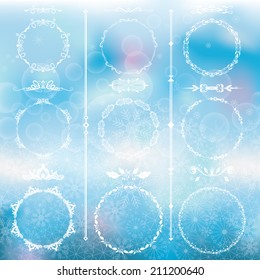 Vector illustration of a set of floral calligraphic frames on a winter abstract background with snowflakes 