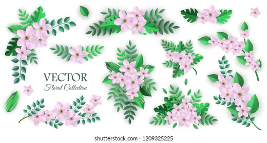 Vector illustration set of floral compositions in flat style isolated on white background - various branches and bouquets of pink apple or cherry flowers and green leaves for romantic natural design.