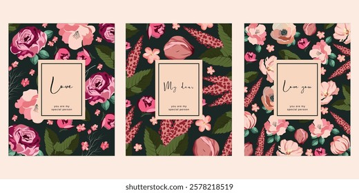 Vector illustration. Set of floral covers, postcards, banners, posters. Modern design. Roses, flowers on a dark background.