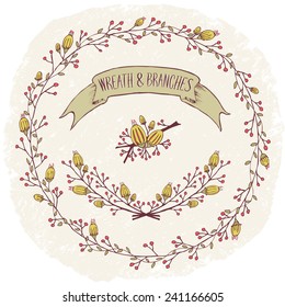 Vector illustration set of a floral frame wreath and a ribbon