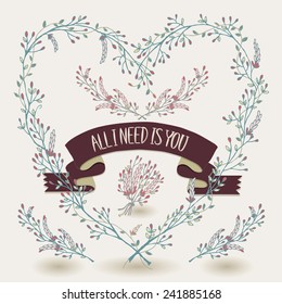 Vector Illustration Set Of A Floral Heart Shaped Wreath And A Ribbon