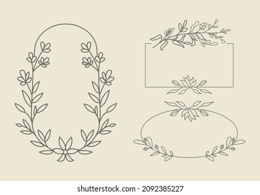 Vector illustration set of floral laurel wreaths with arrangements of flowers, leaves, branches icon background.