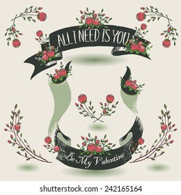 Vector illustration set of floral ribbons and branches