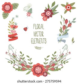 Vector illustration of a set of flower wreath and bouquet as design elements for decorating invitations, postcards, gift cards and other designs