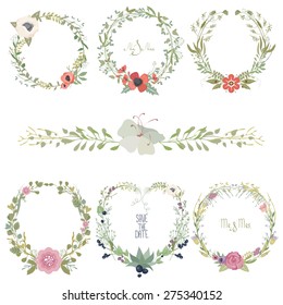 Vector illustration of a set of flower wreaths for wedding invitation and other decorations