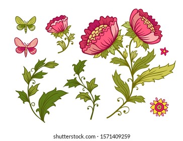 Vector illustration set of flowers. Vector illustration with beautiful flowers and butterflies on a white background.

