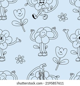 Vector illustration set of flowers characters ìn retro style. Groovy floral stickers for print. Seamless pattern