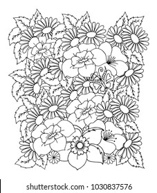 Vector illustration. A set of flowers. Coloring book. Anti Stress for adults and children. Black and white.