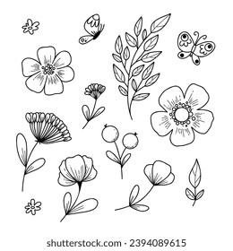 Ilustración vectorial Conjunto de flores y hojas en estilo de dibujo a mano de garabato.