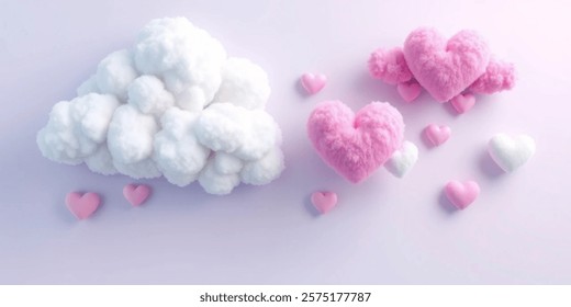 Vector Illustration Set of Fluffy Heart Cloud. White, Blue, Pink and Purple Colors. Concept Design for Valentines Day Postcard, Banner, Leaflets etc. 