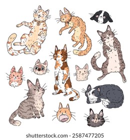 Vector illustration of a set with fluffy kawaii cats with an interesting color: red, spotted, Siamese and different emotions. Pet Stickers