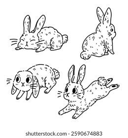 Vector illustration of a set with fluffy kawaii rabbits in the style of a contour drawing by hand. They jump, sit, and sleep. Stickers with pets on a white background