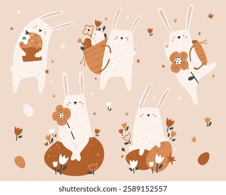 Vector illustration set with fluffy white Easter bunnies in soft beige tones. Hand-drawn compositions perfect for greeting cards, holiday decor, packaging, children’s products, and digital designs.