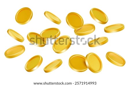 Vector illustration of set of fly golden shine coin with different angle. 3d realistic style design of blank golden coin rain, game money symbol for payment and investment, gambling and casino banner