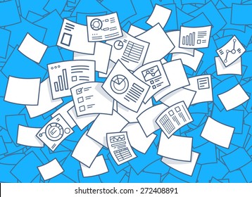 Vector illustration of set of flying financial documents with diagrams on a blue background. Hand draw line art design for web, site, advertising, banner, poster, board and print.  
