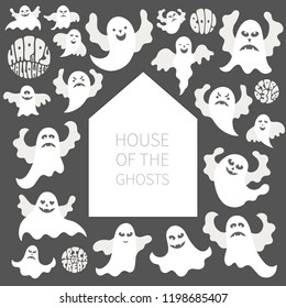 Vector illustration: set of flying white scary ghoasts and letterings around abstract house isolated on black background. Elements for Halloween party greeting cards, posters, postcards, scrapbooking
