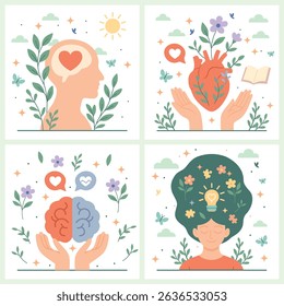 Vector illustration set focused on mental health awareness and therapy. Features emotional wellness icons, psychological support, and self-care concepts in modern flat design.