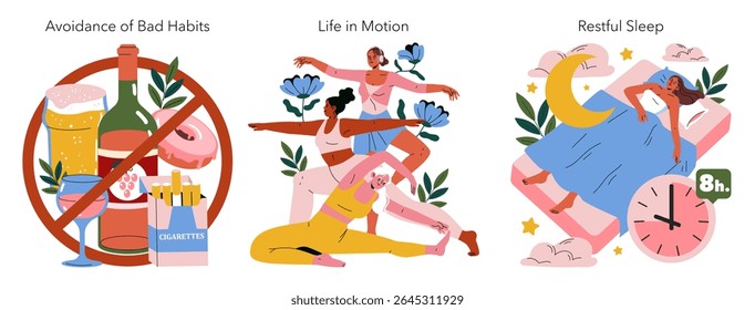 Conjunto de ilustrações vetoriais com foco em escolhas de estilo de vida saudável. Evitar álcool, cigarros e alimentos insalubres, participar de atividades de fitness e desfrutar de um sono tranquilo são descritos.