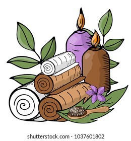 Vector illustration . Set of folded for spa, massage towels, candles, massage brush. Body care, health, massage, relaxation
