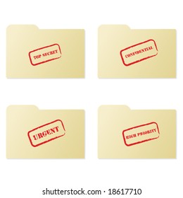 Vector illustration set of folders with different messages: top secret, confidential, urgent and high priority