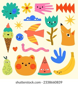 Vector illustration set with food, animals, abstract elements. Cute and trendy print collection, sticker pack template