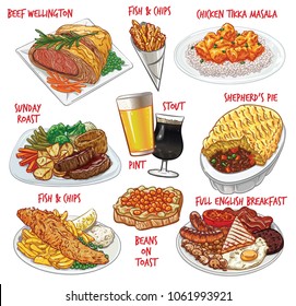 Vector illustration set of food and beverages from traditional English cuisine.