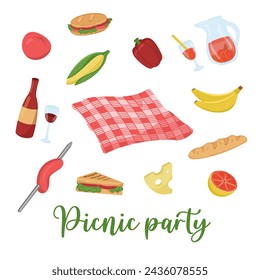 Vector illustration with a set of food and drinks for a picnic. Colored card for barbecue party. Set of things for a family day out in the forest or park. BBQ elements. 