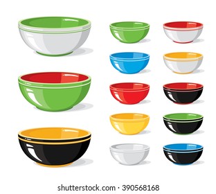 Vector illustration set of food icons. Different colourful empty bowls isolated on a white background. Cooking collection. Kitchen objects for your design