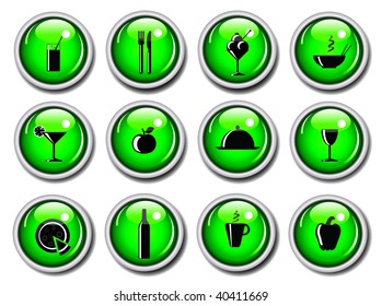 A vector illustration of a set of food icons on glossy web buttons