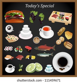 Conjunto de Ilustración vectorial: Elementos de Diseño gráfico temáticos de comida y restaurante para tarjetas e íconos (Parte 2)