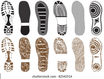 Vector illustration set of footprints with & without sand texture. All vector objects are isolated and grouped. Colors and transparent background color are easy to customize.