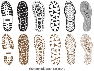 Vector illustration set of footprints with & without sand texture. All vector objects are isolated and grouped. Colors and transparent background color are easy to customize.