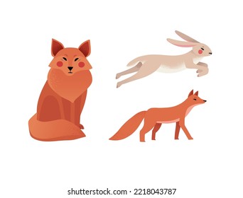 Ilustración vectorial - conjunto de animales forestales: zorro, oso, conejo, lobo. Caracteres de cuento de hadas en estilo plano con gradiente. Ilustración escandinava. Perfecto para decoración en casa, impresiones, tarjetas