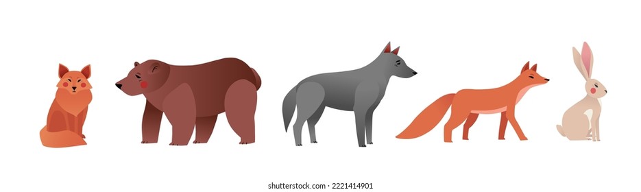Vector illustration - set of forest animals: fox, bear, rabbit, wolf. Fairytale characters in flat style with gradient. Scandinavian illustration. Perfect for home decor, prints, cards